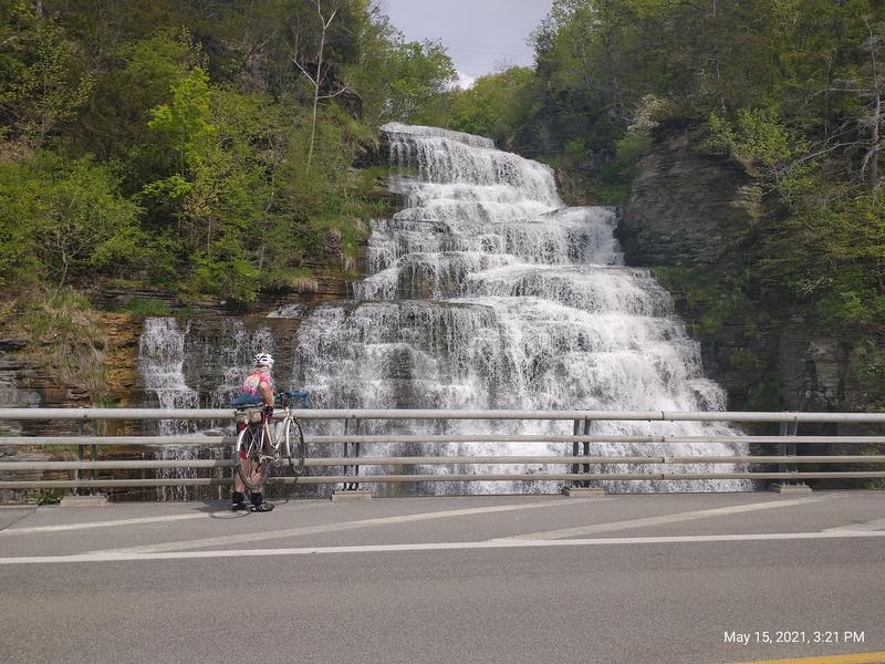 Pete takes a picture of Hector Falls with his bike-mounted camera.