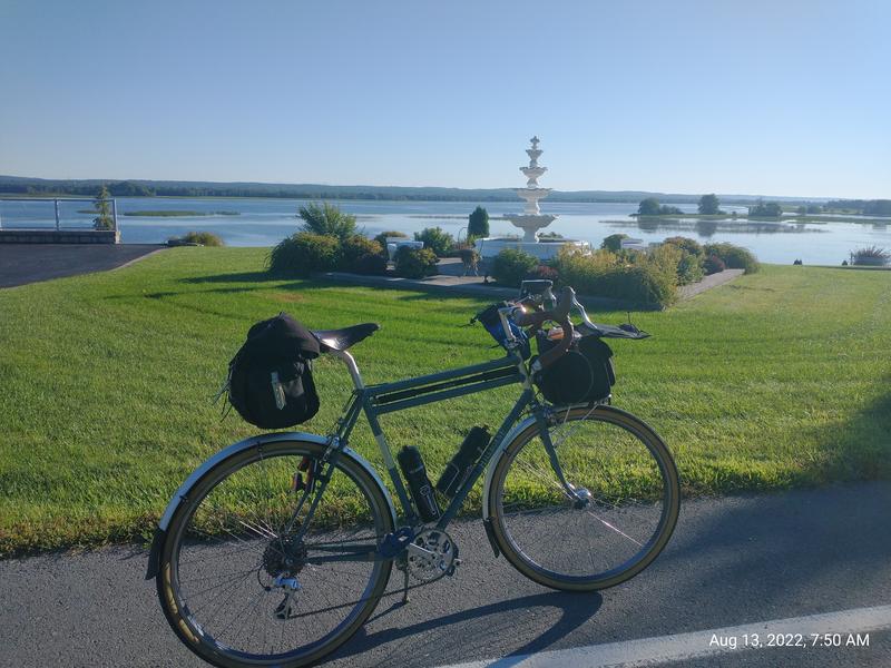 Admiring a homeowner's fountain along the Ottawa River near Wendover.