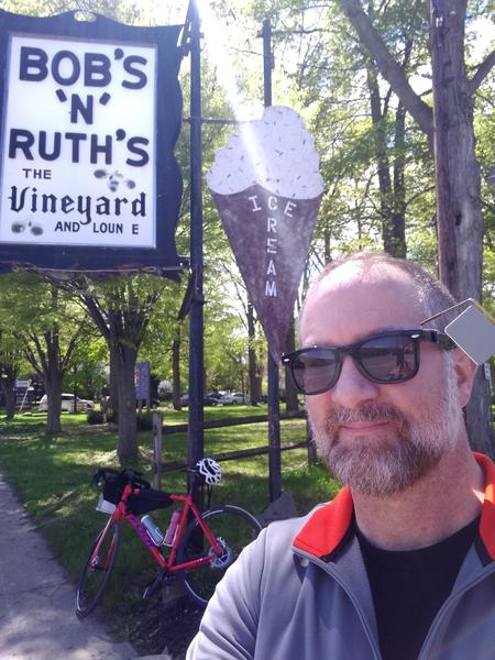 Sporting that fashionable mirror at Bob's and Ruth's Restaurant, one of the control points.